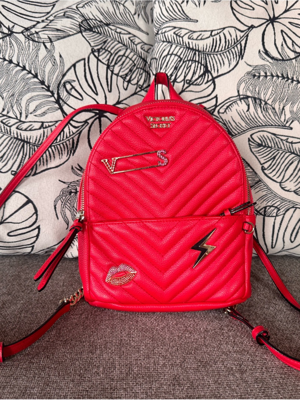 Victoria Secret Red Quilted Mini Backpack with Decorative Pins - Women Bags